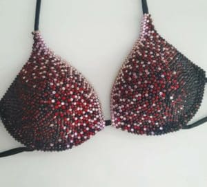 black and red competition stage bikini
